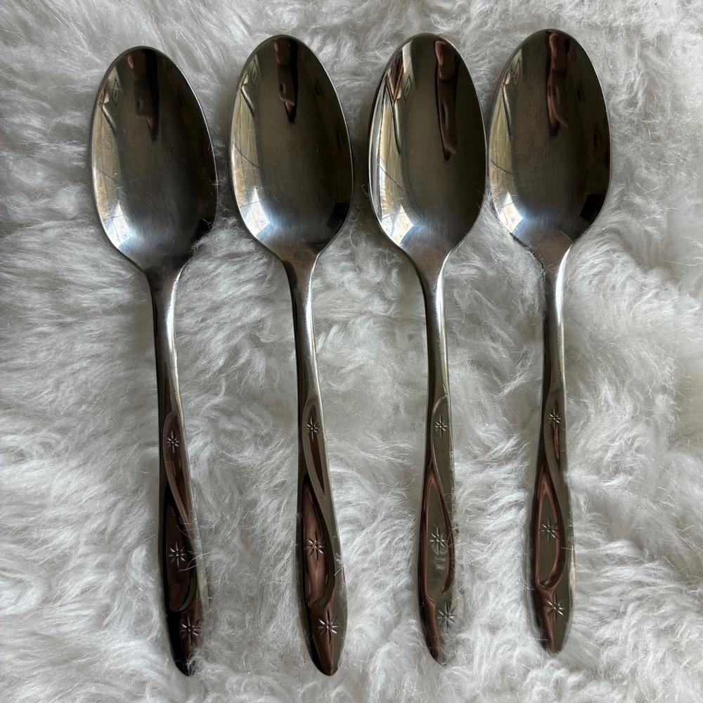 4 Vintage International Silver Americana Star Teaspoons 1950s MCM Stainless USA